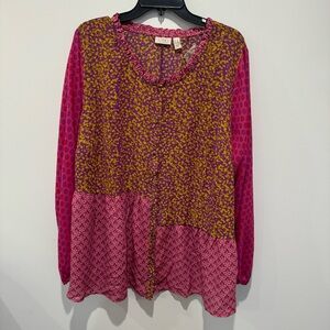 LOGO by Lori Goldstein Button Front Printed Blouse with Ruffles MAGENTA HAZE